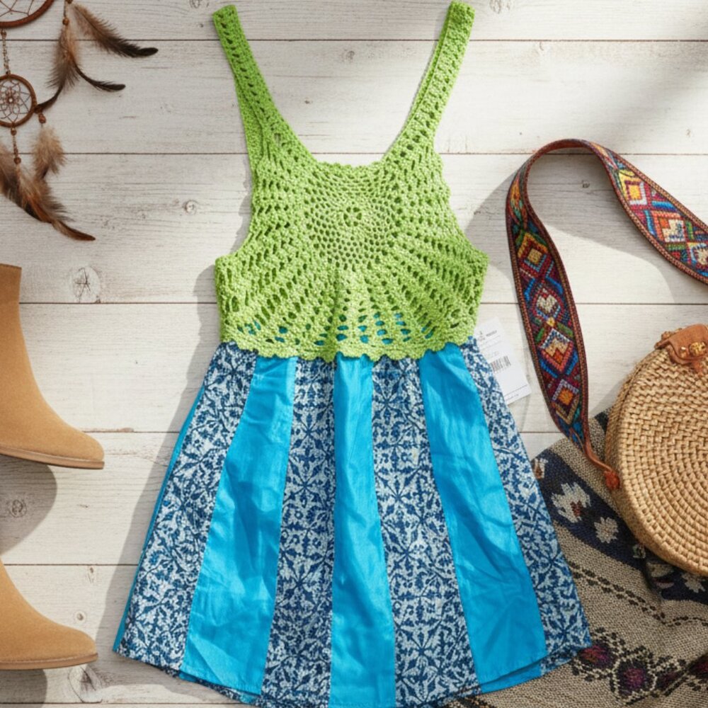 Free People Crochet Mix Print Boho Top